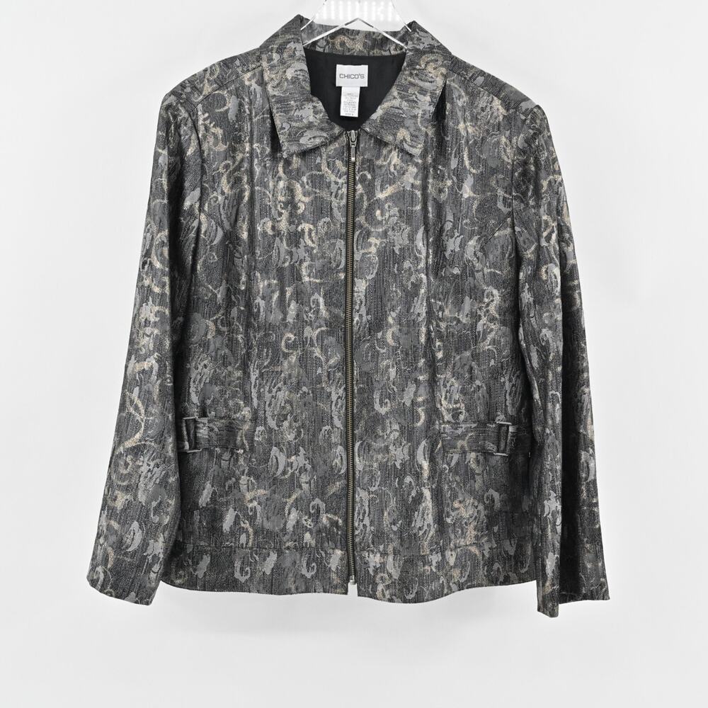CHICOS Jacket Womens Size XL Barrett Shimmering Scroll Dark Gray Gold Zip Front